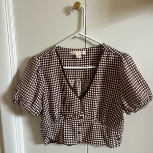 Elegant Brown Checkered Short Sleeve Top
